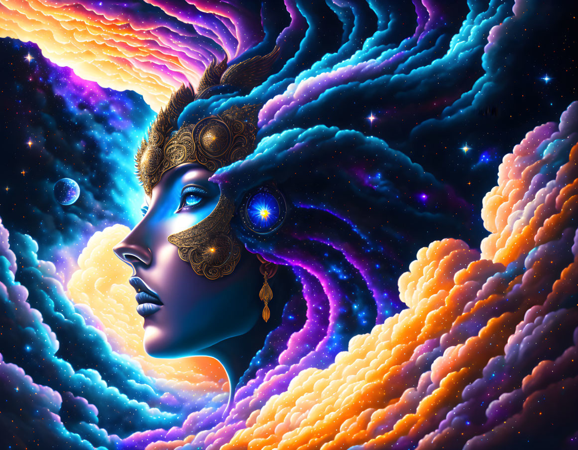 Colorful cosmic-themed woman profile in starry space backdrop