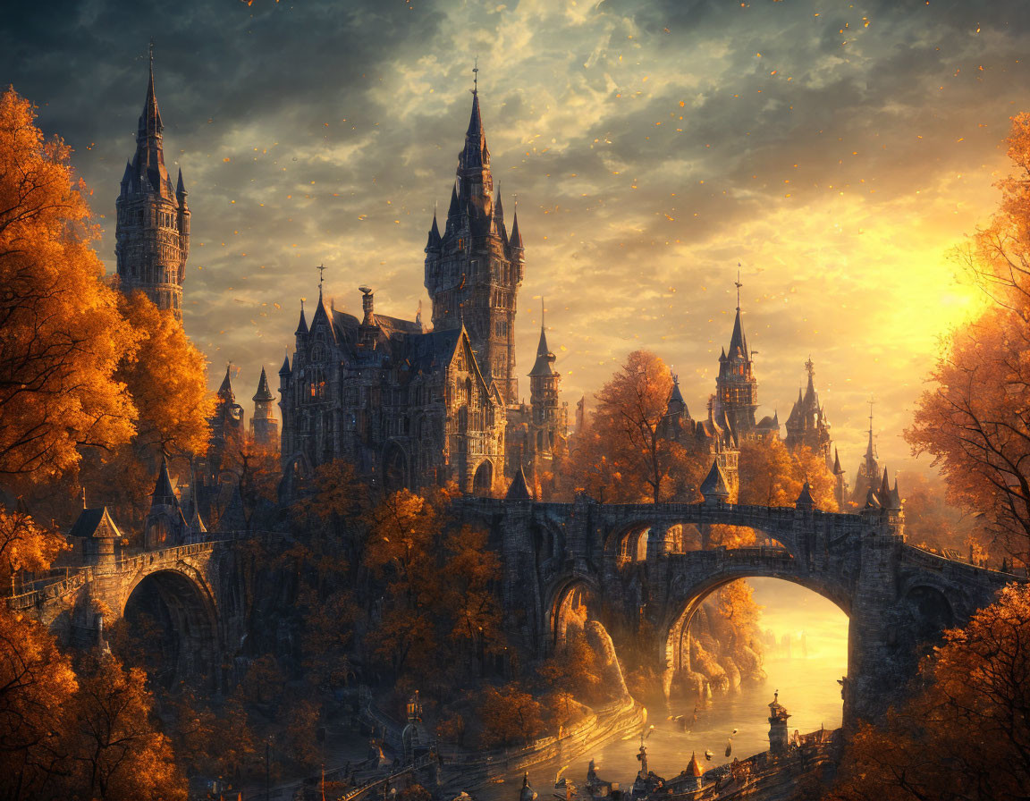 Ornate gothic castle and stone bridge in vibrant autumn scene