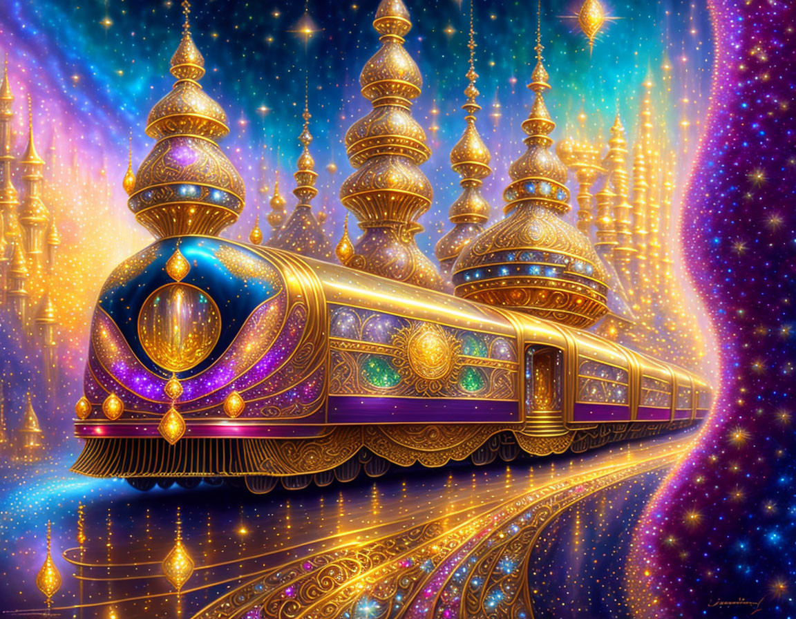 Glowing purple and gold train on cosmic track in starry space