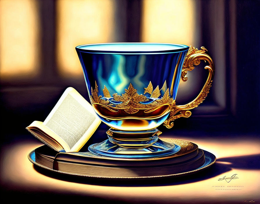 Blue and Gold Teacup on Saucer Next to Open Book on Wooden Surface