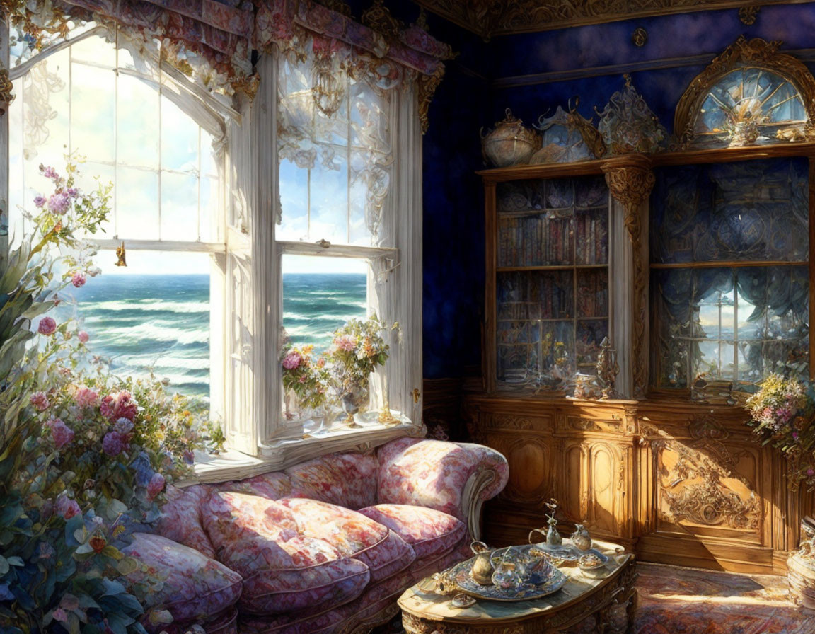 Luxurious Room with Floral Sofa, Antique Furniture, & Sea View