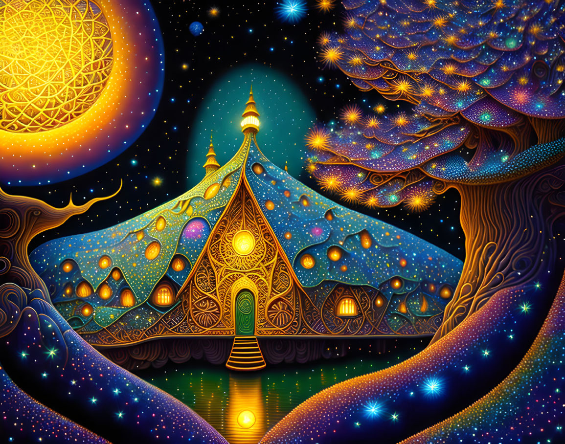 Fantastical mosque illustration under starry sky with cosmic trees.