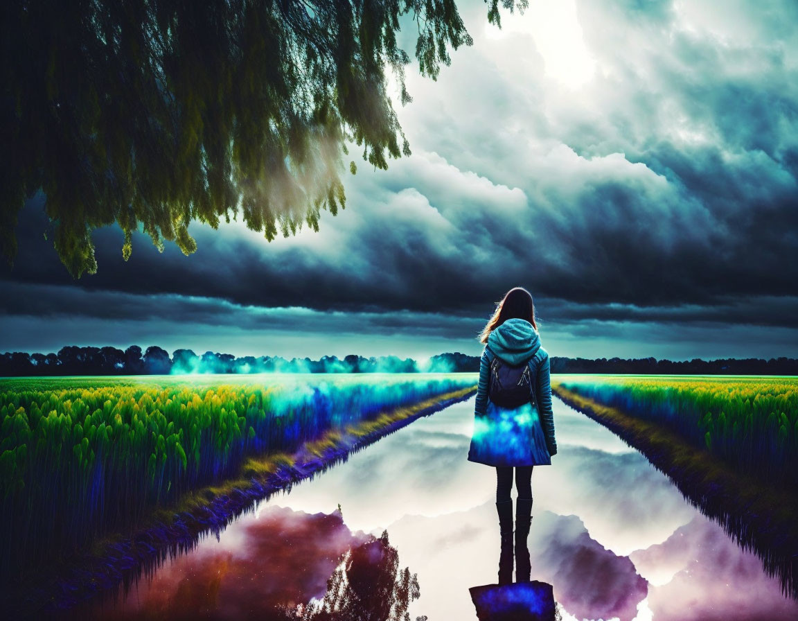 Person standing on reflective path among vibrant fields under dramatic sky