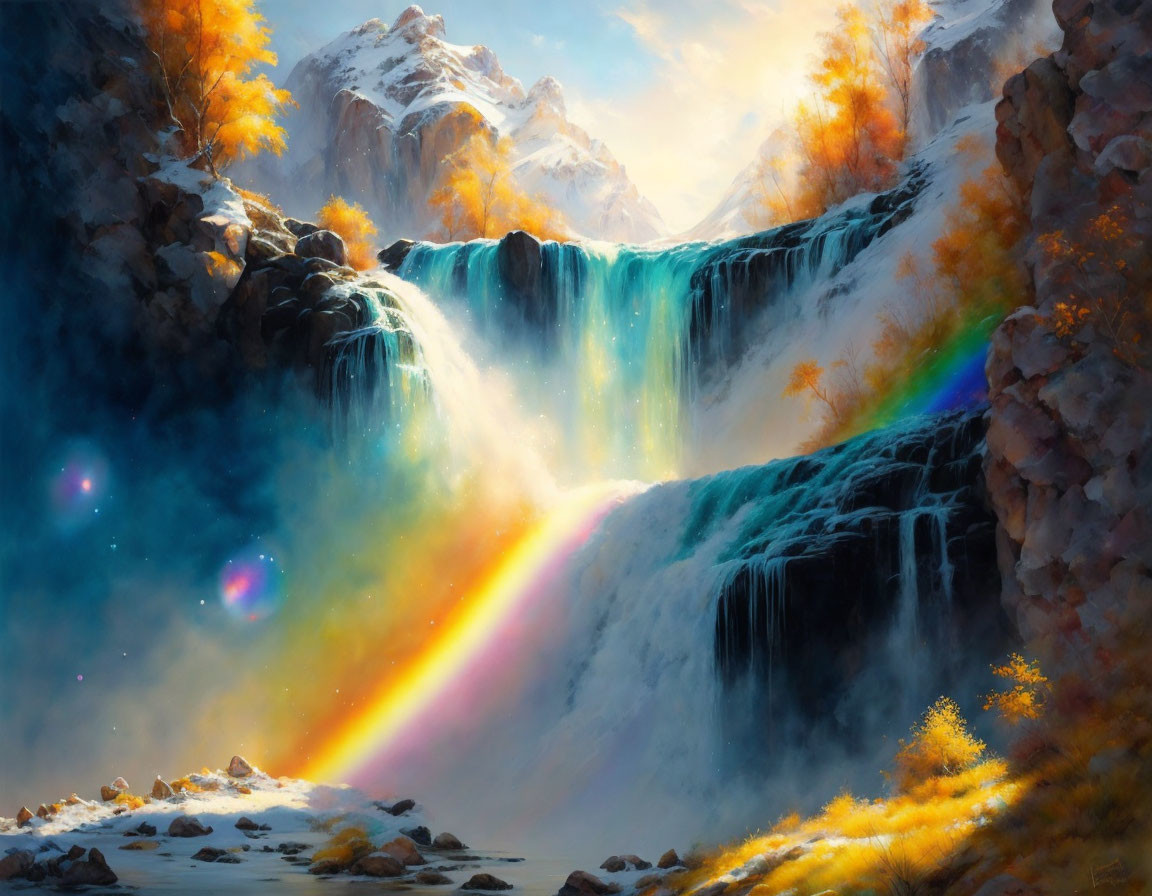 Colorful waterfall painting in autumn mountain landscape with rainbow and fall foliage.