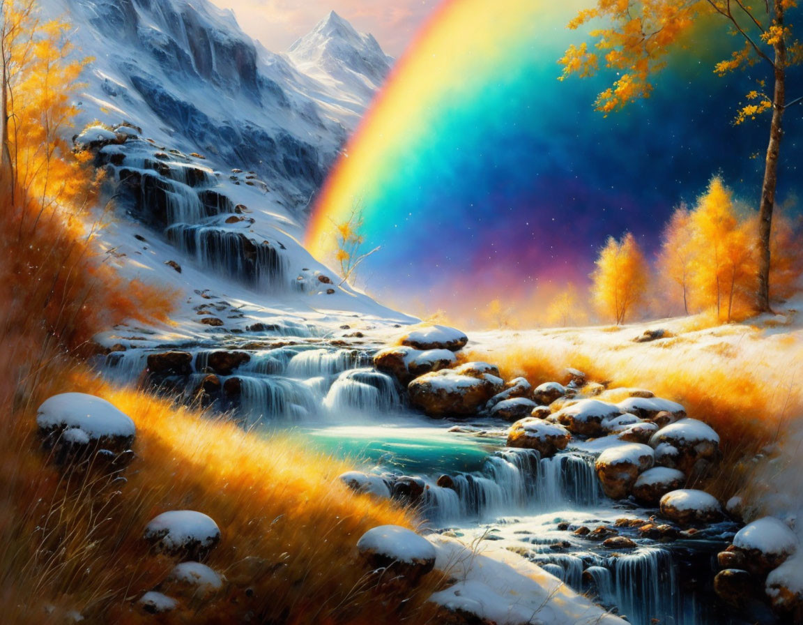 Seasonal contrast: Autumn trees, snowy rocks, river, rainbow, mountain.