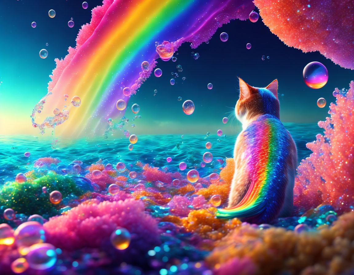 Colorful Cat Observing Rainbow, Bubbles, and Coral Shore under Dreamlike Sky