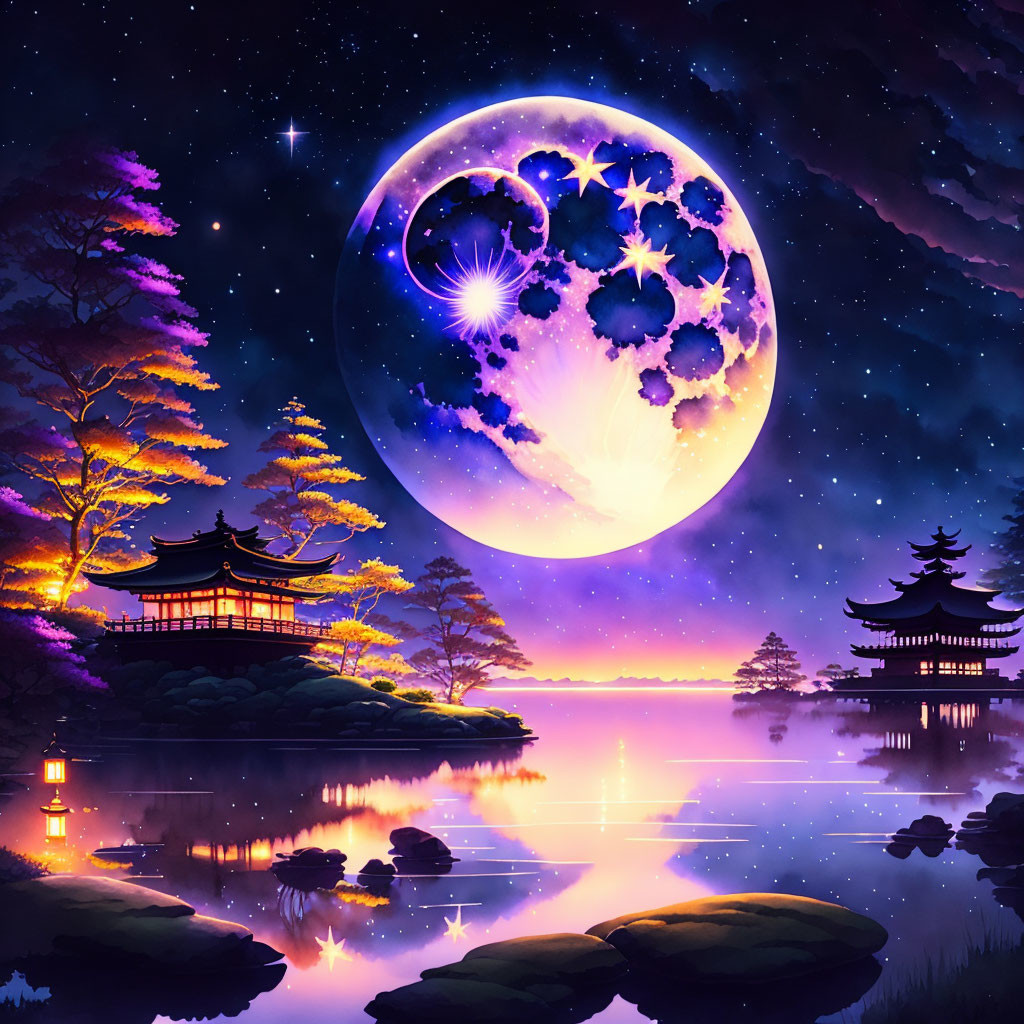 Colorful Asian-style twilight landscape with traditional buildings, full moon, and starry sky