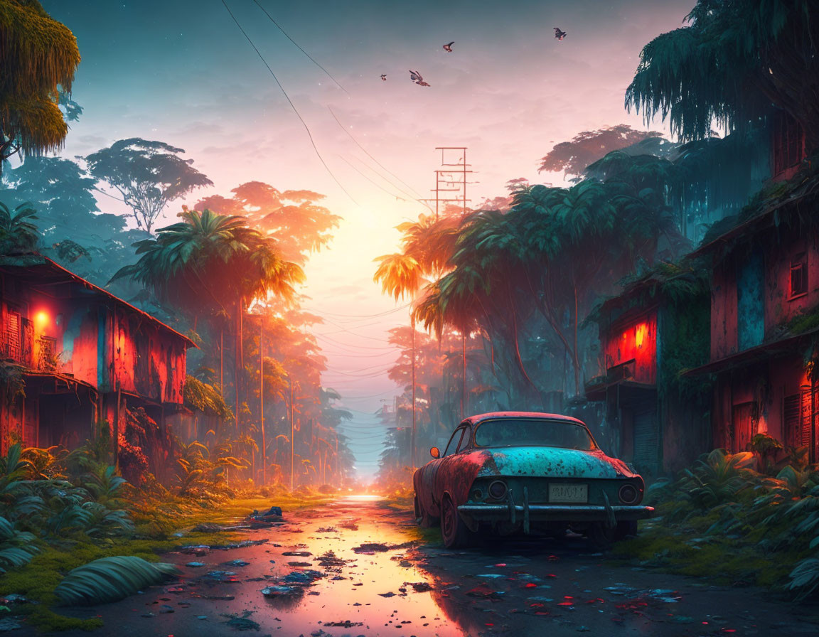 Vintage car on overgrown street at sunset with abandoned buildings in post-apocalyptic setting