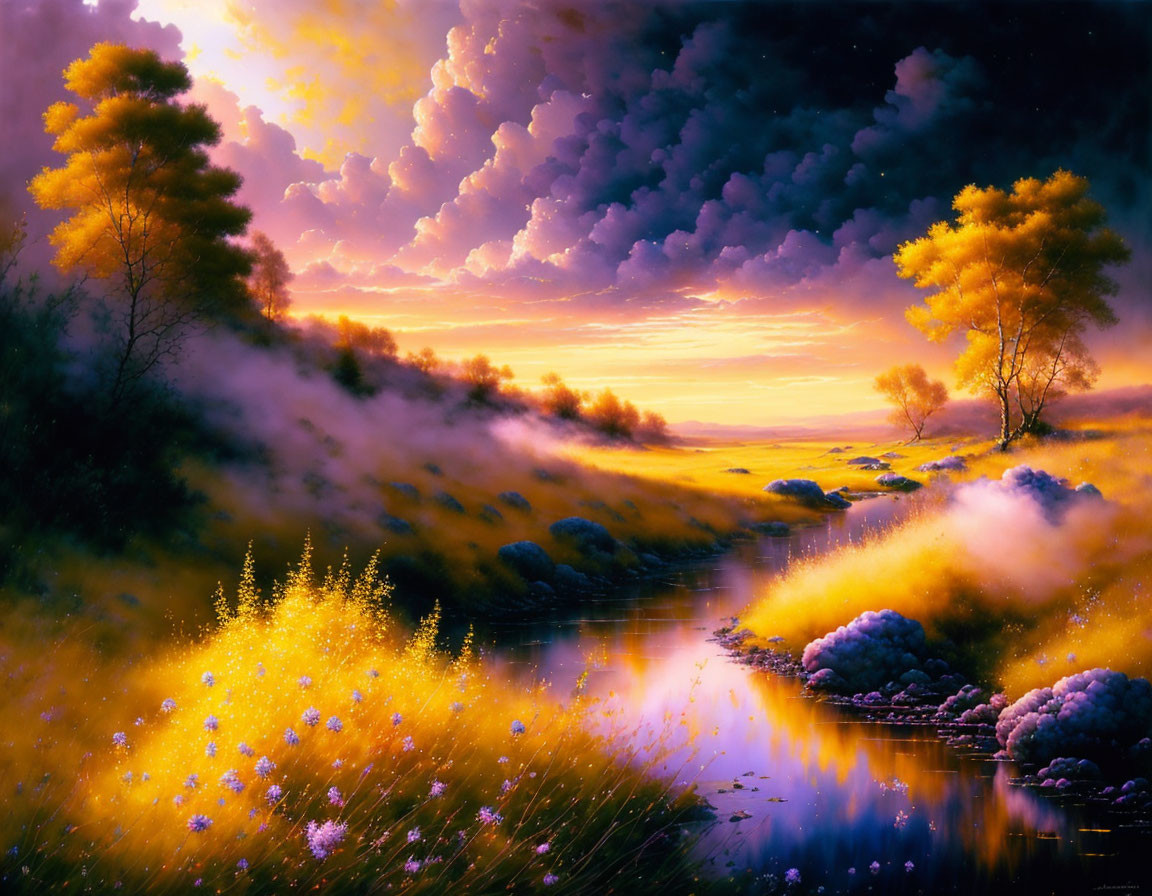 Golden sunset over misty stream with vibrant flora.