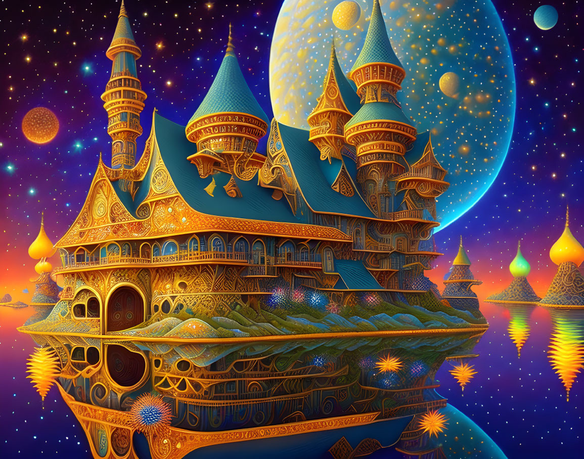 Fantastical floating castle in cosmic setting with blue, gold, and orange hues