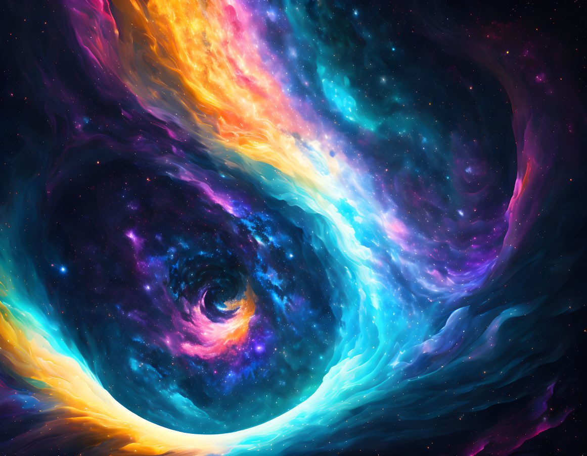 Colorful digital artwork: Swirling galaxy in vibrant blues, purples, yellows, and