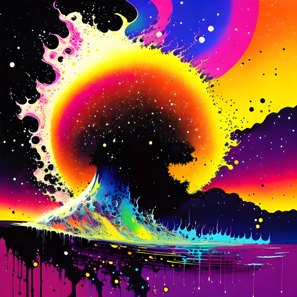 Colorful Swirling Wave Against Dark Background: Abstract Artwork with Cosmic Energy