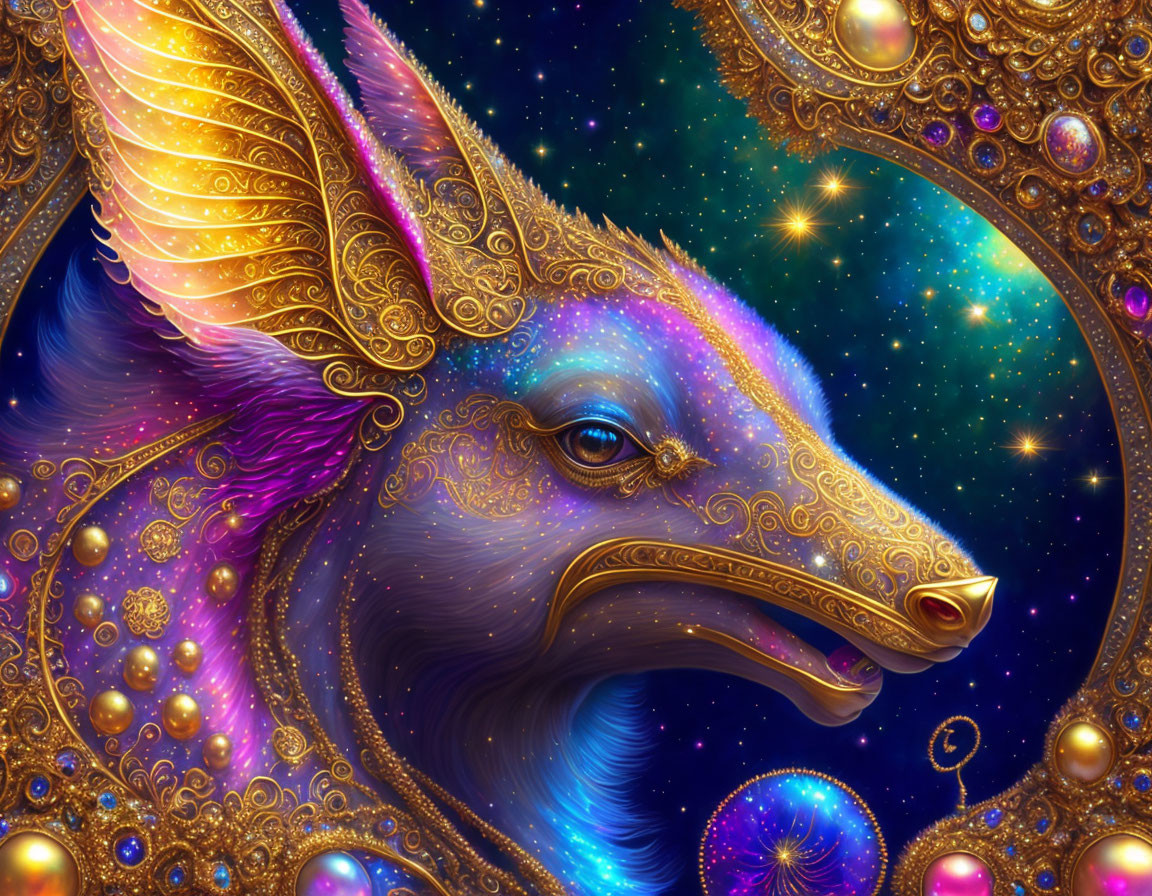 Fantastical fox with golden ornate details and iridescent wings on cosmic backdrop