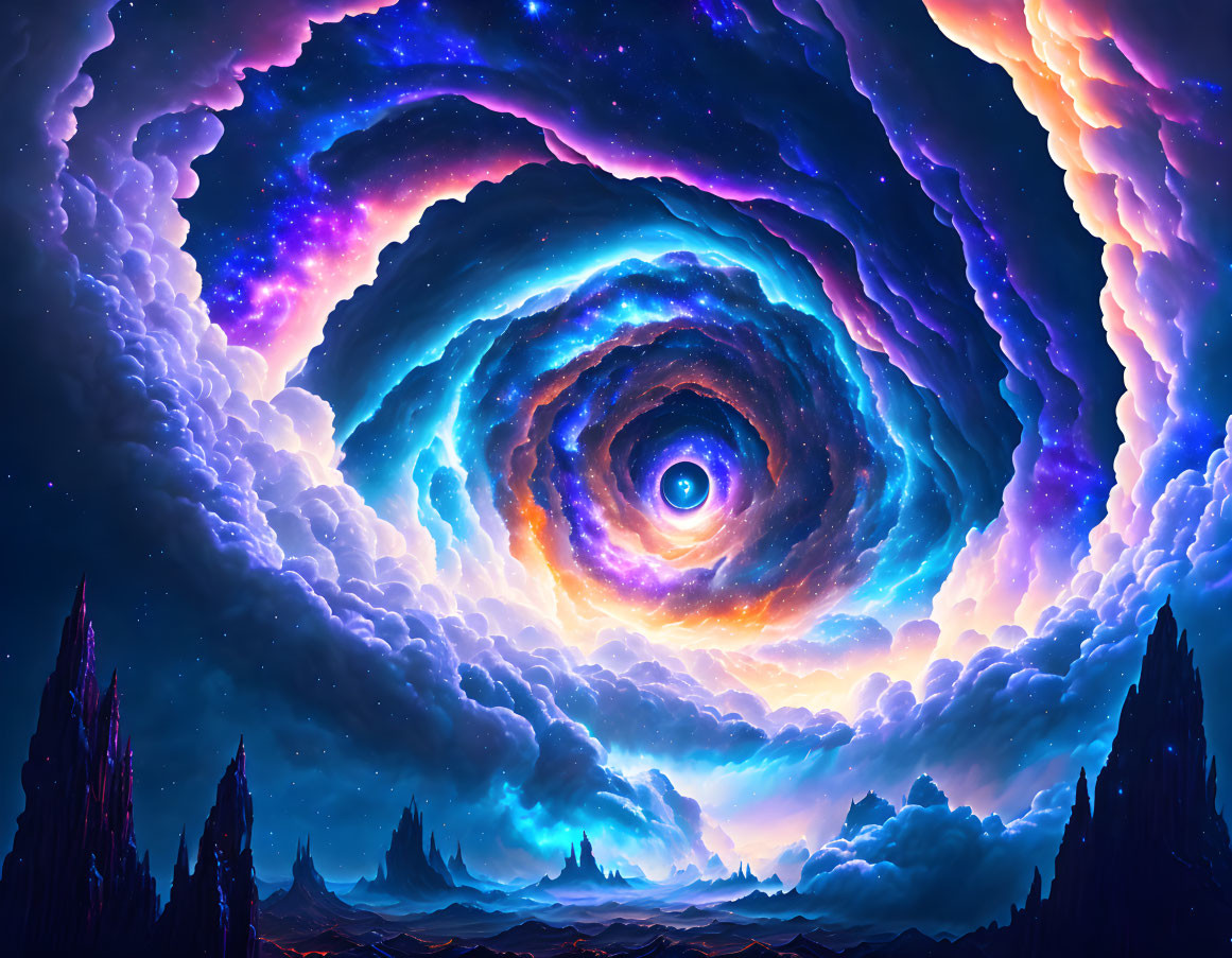 Swirling galaxy in bright blues and purples with silhouetted terrain.