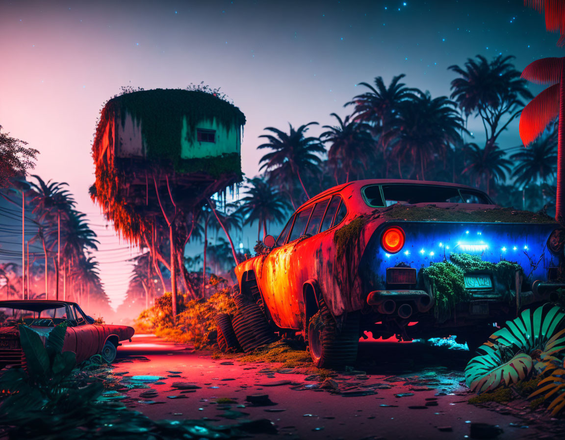 Abandoned cars and overgrown buildings in vibrant retro-futuristic scene