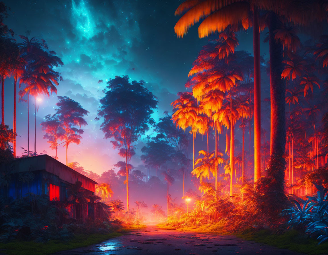 Vibrant night scene: starry sky, neon-lit jungle, tall palm trees.