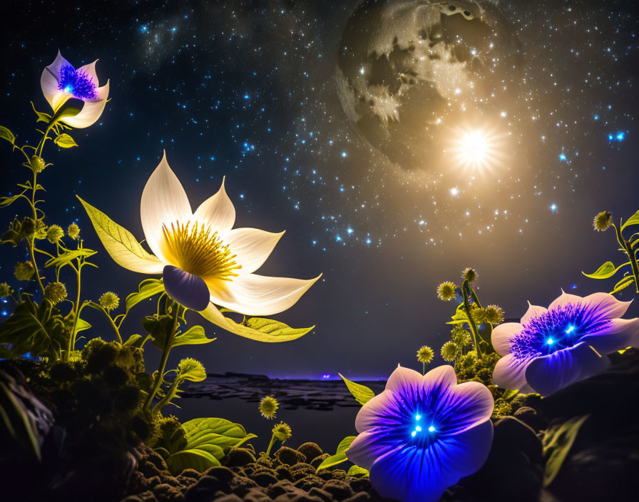 Vibrant illuminated flowers under night sky with moon and stars