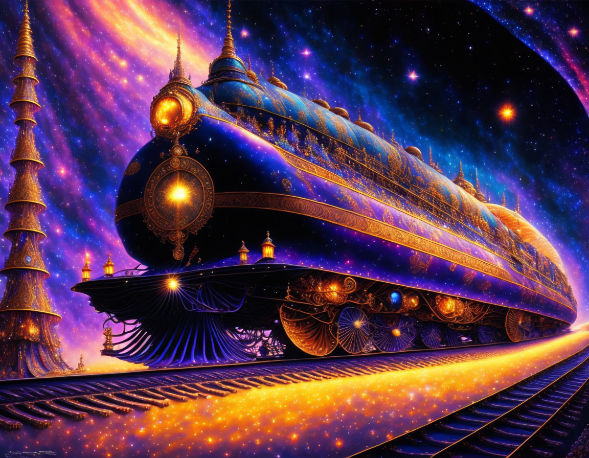 Cosmic Train Gliding Through Starry Purple Sky