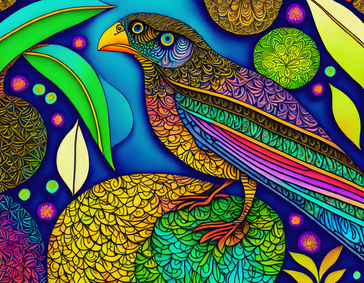 Colorful digital artwork featuring stylized bird with intricate patterns among foliage.