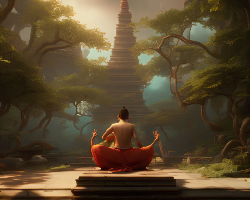 Person meditating in red attire near ancient pagoda in serene forest.