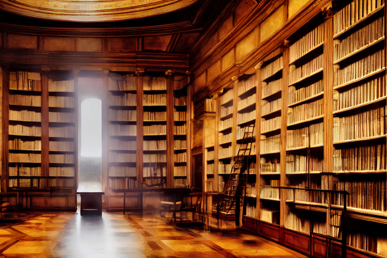 Classic Library with Tall Bookshelves, Rolling Ladder, Sunlit Window, and Elegant Design