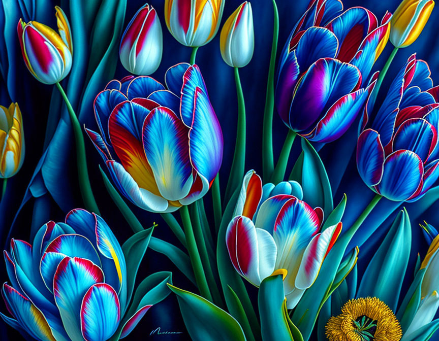 Colorful Tulips and Dandelion in Digital Painting