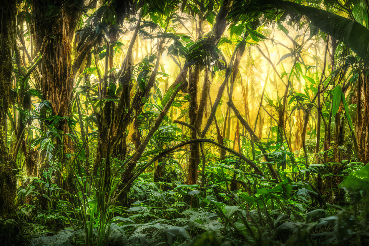 Vibrant green jungle with towering trees under sunlight glow