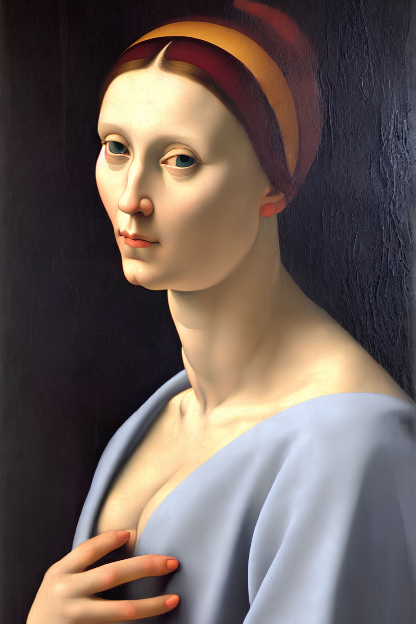 Portrait of Woman with Pale Skin, Red and Purple Headband, Blue Draped Clothing