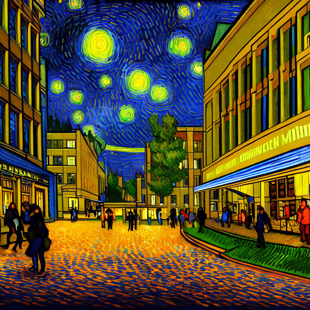 Cityscape Night Illustration: Van Gogh-Inspired Starry Sky, Pedestrians,