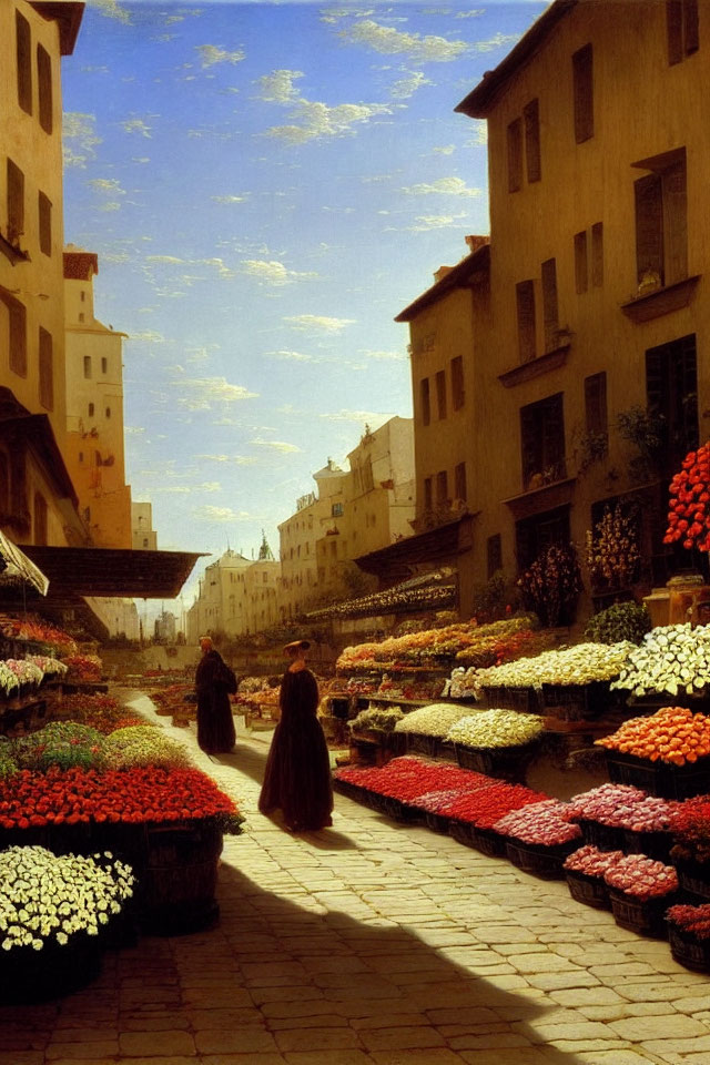 Vibrant Flower Market on Historic Street with Pedestrians and Blue Sky