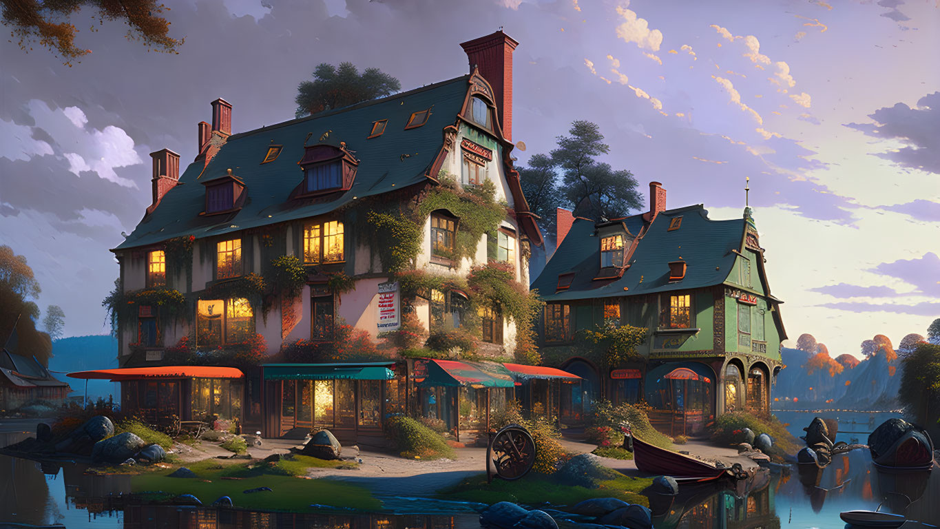 Riverside inn at dusk with glowing windows, balconies, American flag, lush foliage, small