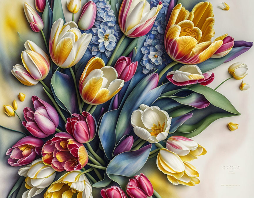 Colorful tulip bouquet painting with scattered petals on soft background