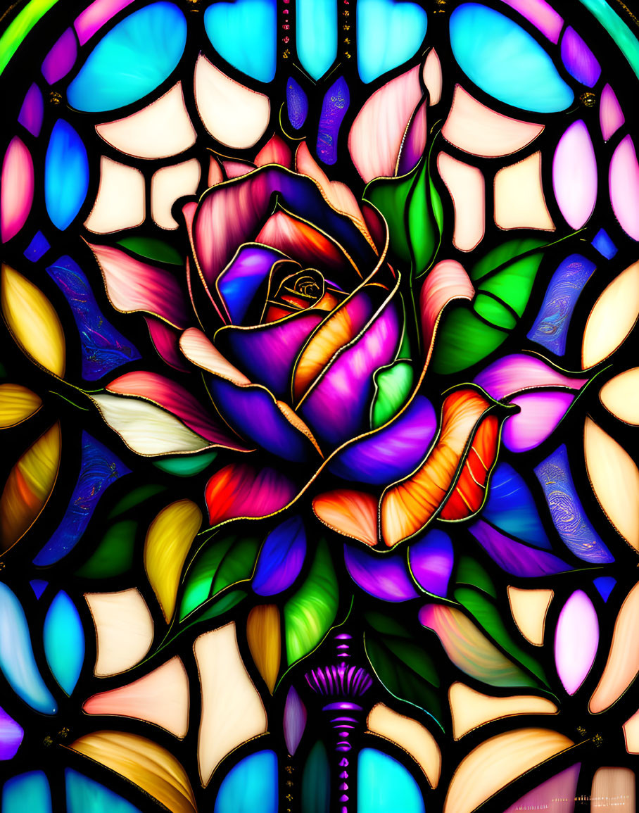 Colorful Rose Design Stained Glass Window with Jewel Tones