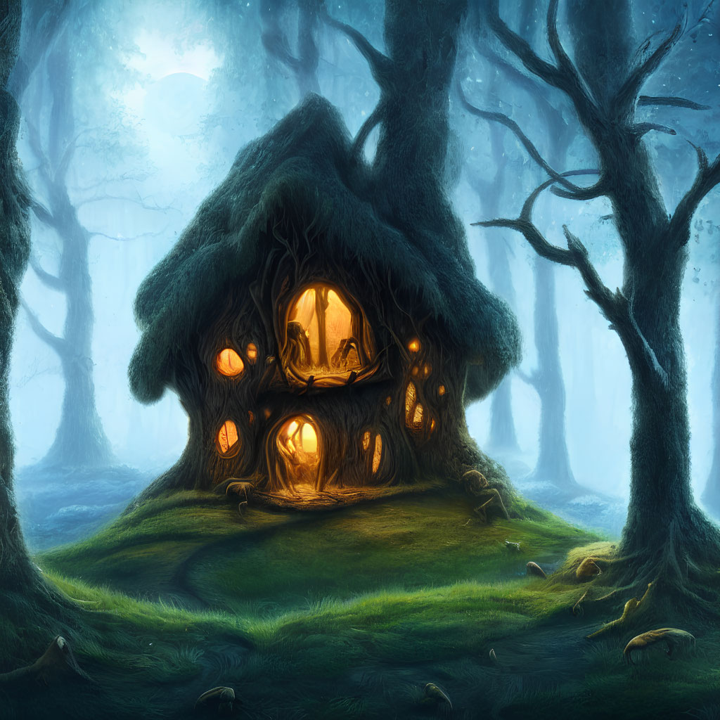 Enchanting Treehouse in Misty Forest with Glowing Windows