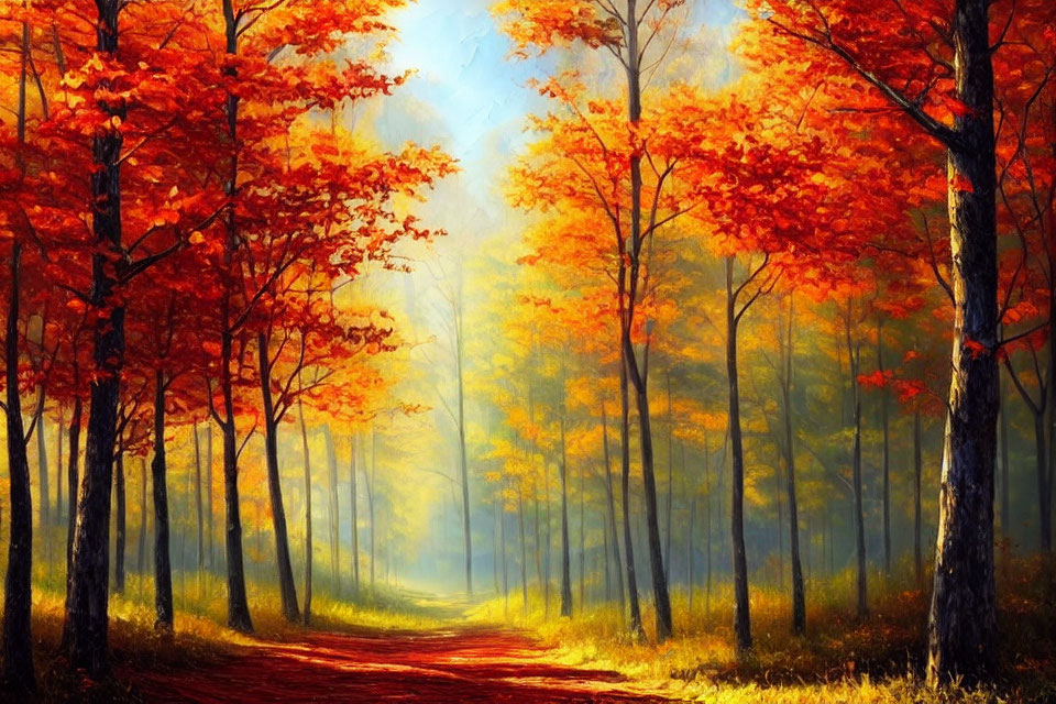 Colorful autumn forest painting with sunlit path and warm atmosphere