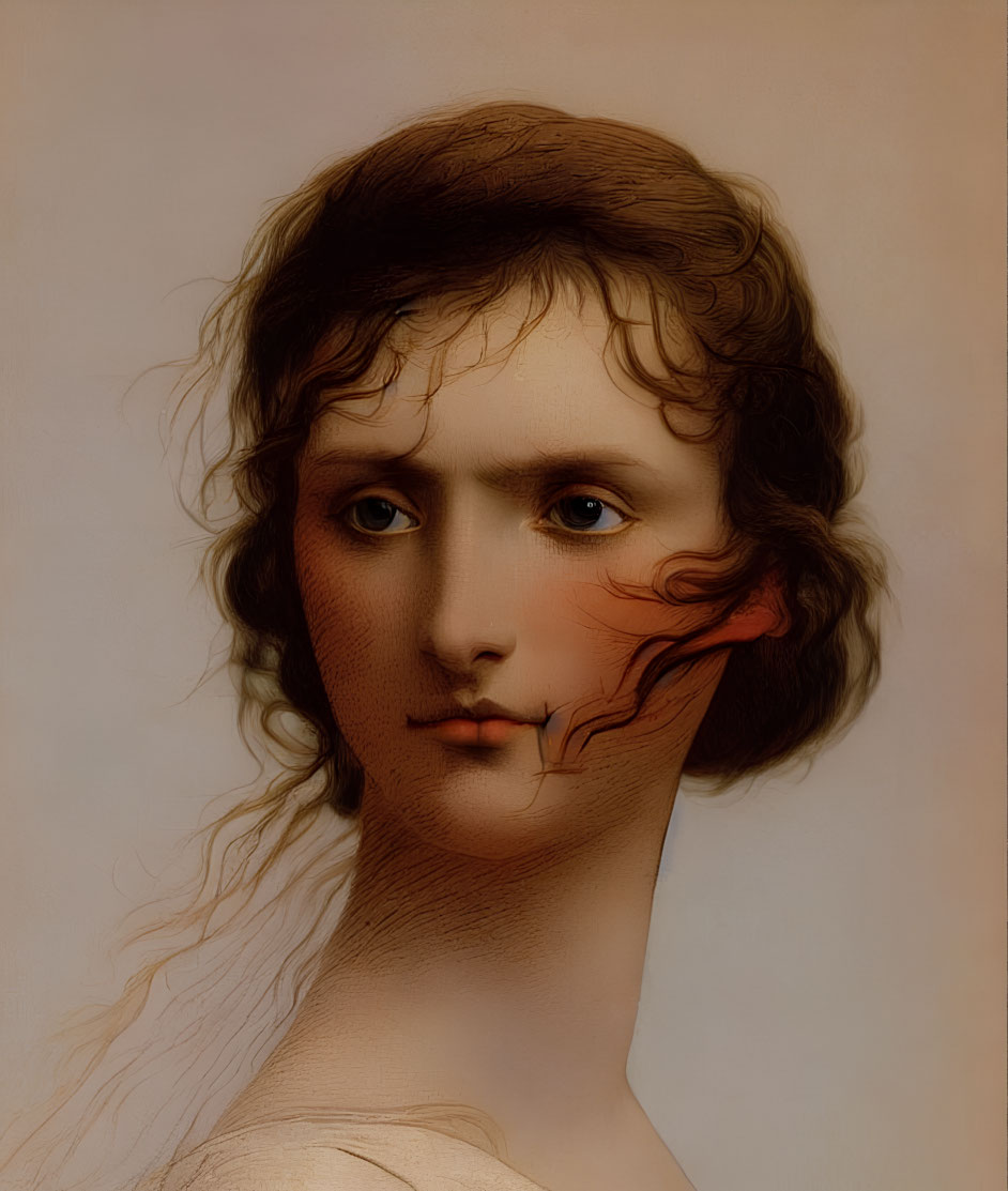 Surreal portrait of a woman with classical features and serene expression