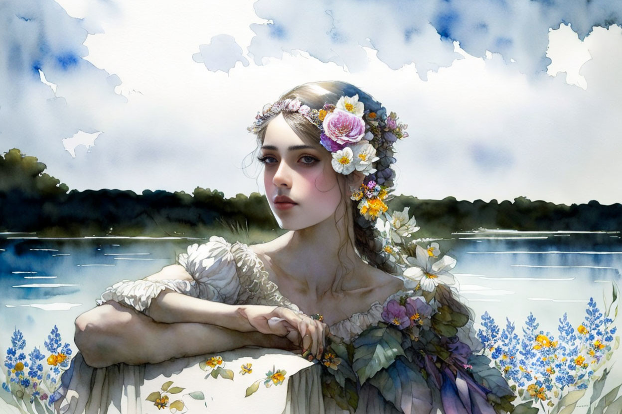 Serene woman with floral headpiece by tranquil lake and sky