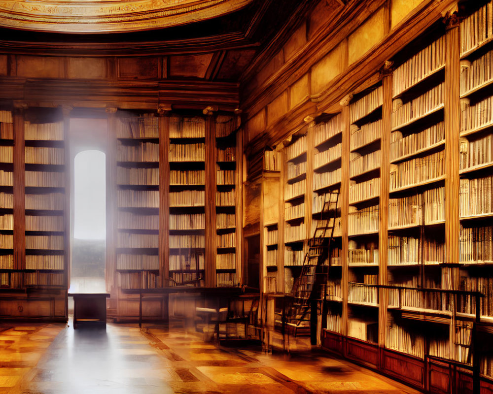 Classic Library with Tall Bookshelves, Rolling Ladder, Sunlit Window, and Elegant Design