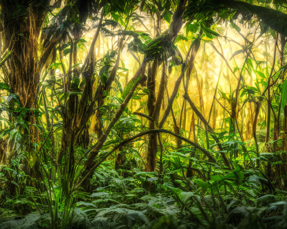 Vibrant green jungle with towering trees under sunlight glow