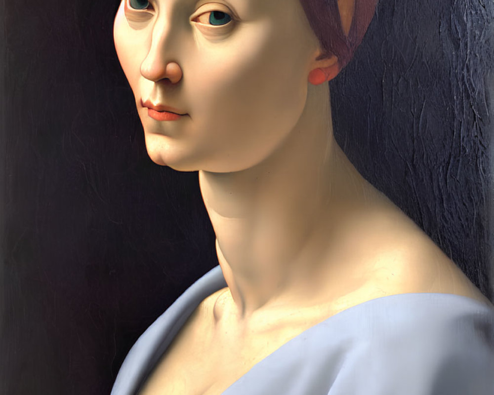 Portrait of Woman with Pale Skin, Red and Purple Headband, Blue Draped Clothing