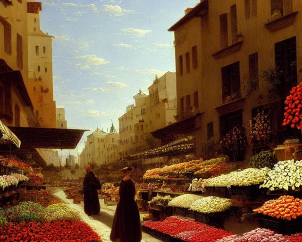 Vibrant Flower Market on Historic Street with Pedestrians and Blue Sky