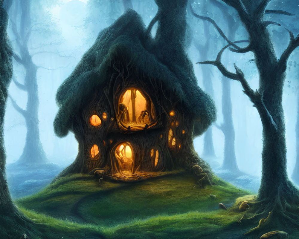 Enchanting Treehouse in Misty Forest with Glowing Windows