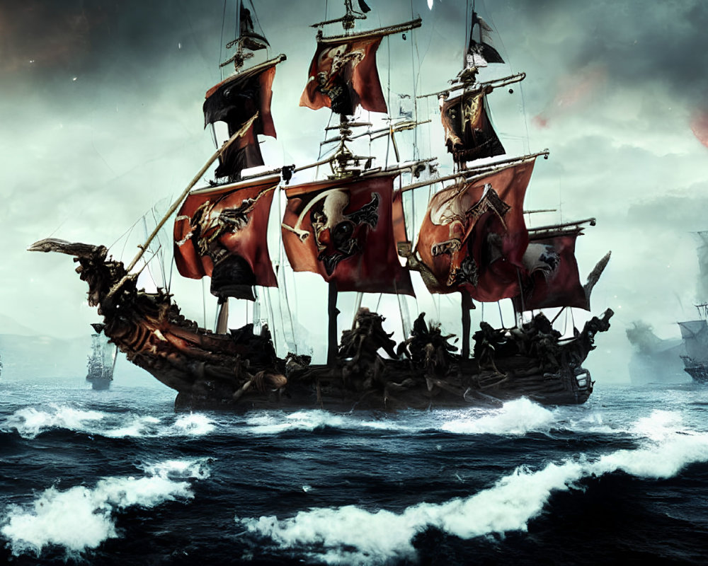 Pirate ship with skull sails in stormy seas surrounded by similar vessels