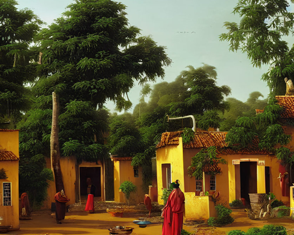 Tranquil village scene with green trees, yellow houses, and people in red clothing