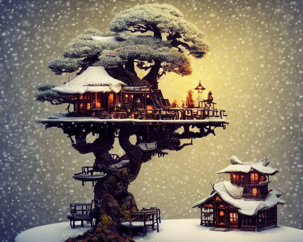 Snow-covered bonsai tree with Japanese structures in whimsical illustration