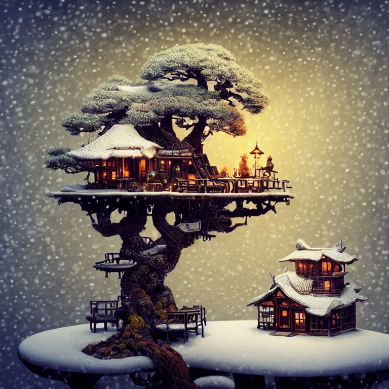 Snow-covered bonsai tree with Japanese structures in whimsical illustration