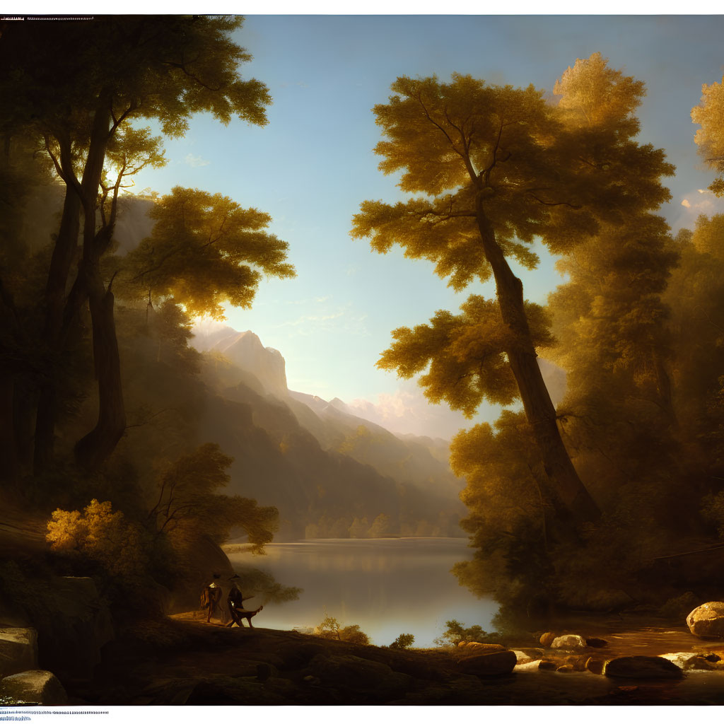 Tranquil landscape with towering trees, lake, mountains, and figure with dog.