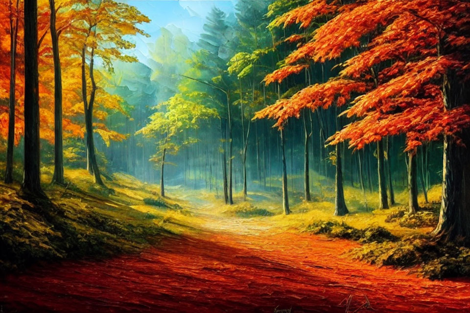 Tranquil Autumn Forest Path with Red Leaves and Vibrant Foliage