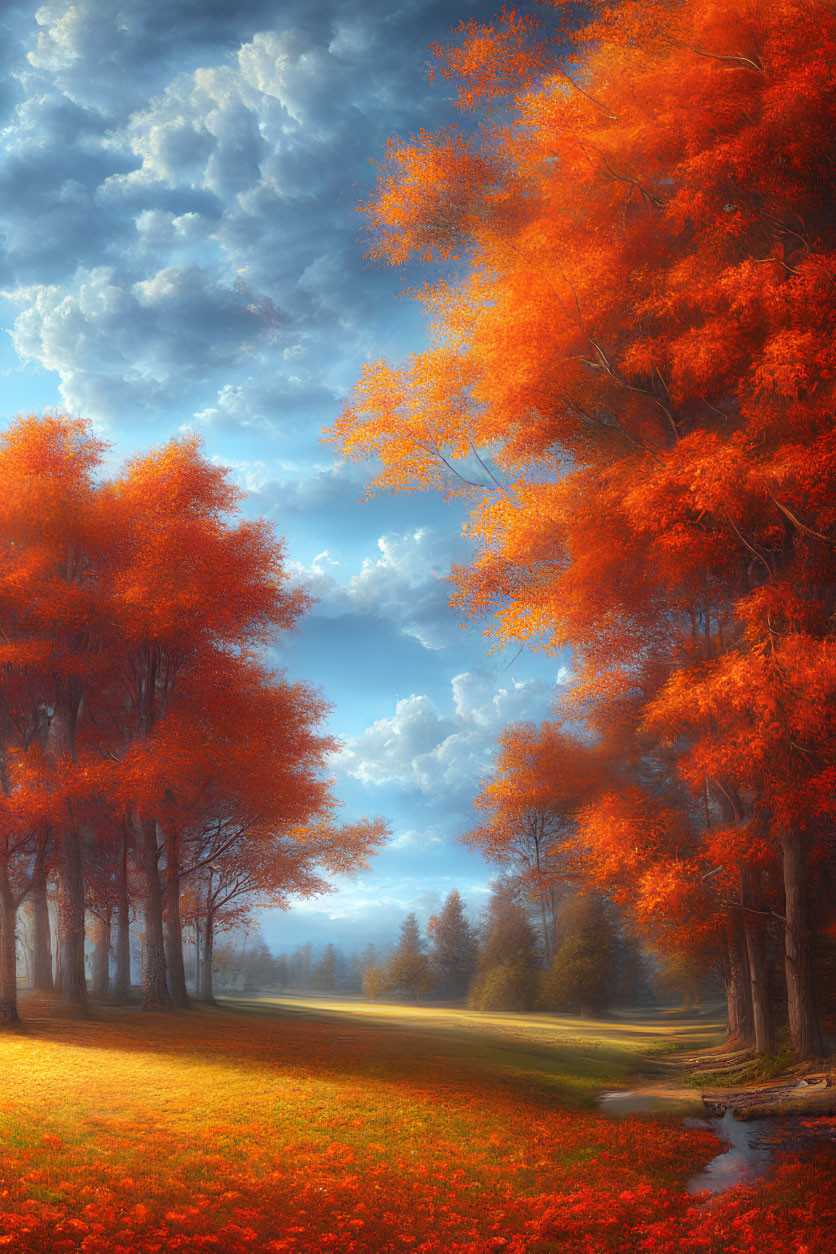 Autumn Trees Along Serene Path Under Dynamic Sky