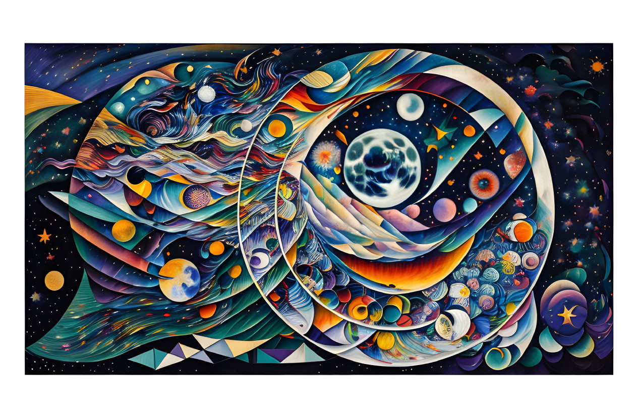 Abstract cosmic painting with swirling patterns and celestial bodies